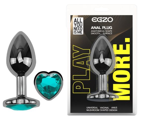Анальна пробка з кристалом EGZO - Dark Silver Heart Plug Marine size S Sex Aura
