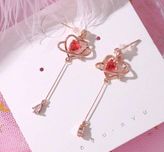 Сережки з сердечками, сережки сердечки, сережки сердечко, сережки з камінцями, сережки з камінчиками, сережки з підвісками | Зображення 2