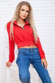 Укороченный женский свитшот на змейке красного цвета 119R376