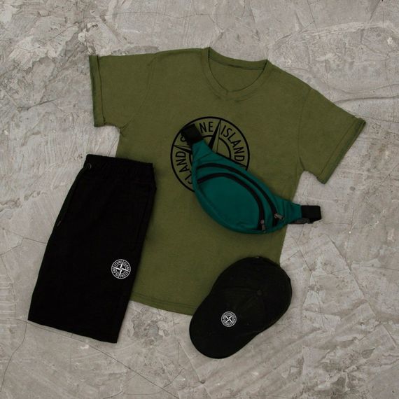 Костюм футболка + шорти + кепка та бананка Stone island колір олива/чорний