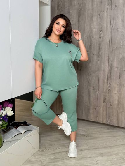 Женский летний костюм футболка и укороченные штаны большие размеры и батал KF090 цвет фисташковый, размер 56/60 | Зображення 3