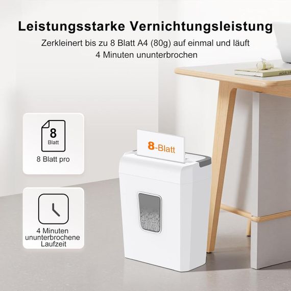 Шредер для паперу Bonsaii на 8 аркушів із рівнем безпеки P-4, перехресне різання 5×14 мм, скріпок, карток бак 13 л, білий | Зображення 1