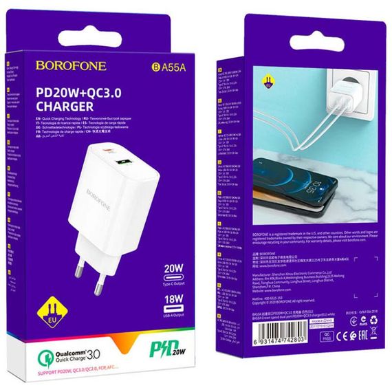 СЗУ Borofone BA55A PD20W+QC3.0 (1USB/1Type-C/3A) | Зображення 4