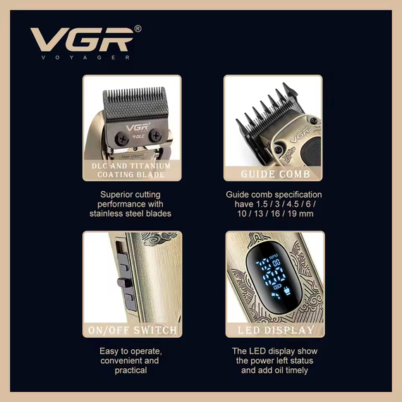 Аккумуляторная машинка для стрижки VGR V-027, 8 насадок, 7000 RPM, 2600 mAh, LED дисплей | Зображення 1