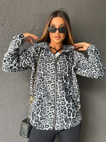 Женская теплая флисовая рубашка леопардовый принт ALI302/1 цвет серый, размер 48/50