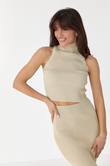 Жіночий костюм з топом та спідницею міді - бежевий цвет, ONE SIZE (є розміри) | Зображення 2