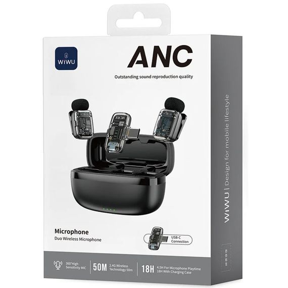 Петличный беспроводной микрофон WIWU WM008 Dual-mic ANC Type-C Black | Зображення 1