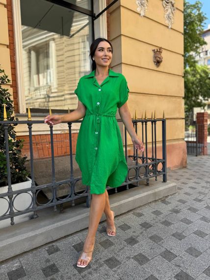 Жіноча літня сукня-сорочка з короткими рукавами на ґудзиках турецький льон-жатка adl773 колір зелений, розмір 46/48 | Зображення 1