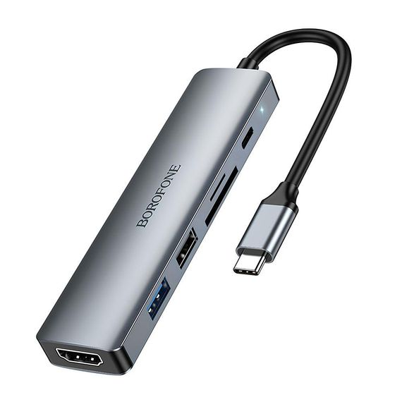 Хаб USB Borofone DH15 6-в-1 Type-C to HDMI+PD+USB3.0+USB2.0+SD+TF(L=0.15M) Колір Сiрий