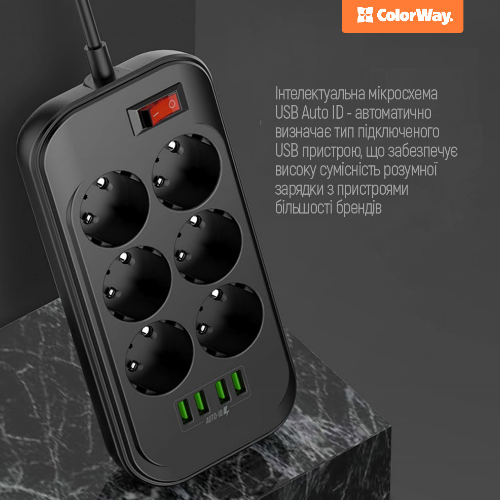 Фільтр мережевий 6 розеток/4USB 2м чорний CW-CHE64B ColorWay | Зображення 6