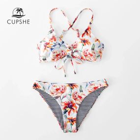 Раздельный сексуальный купальник CUPSHE бикини белый с цветочным принтом , размер М