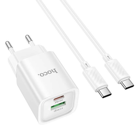 СЗУ Hoco C149A Charm PD30W+QC3.0 (1USB-A/1C) + кабель Type-C to Type-C White | Зображення 1