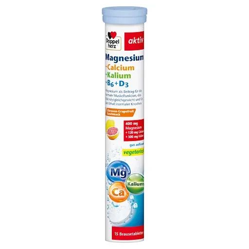 Шипучі вітаміни Doppelherz Aktiv Magnesium + Calcium + Kalium + B6 + D3, смак лимон-грейпфрут, 15 шт, Німеччина