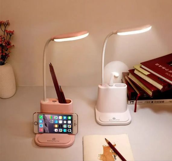 Розовая Аккумуляторная Настольная LED лампа Bionic Desk Lamp c USB выходом, органайзером и подставкой для смартфона | Зображення 4