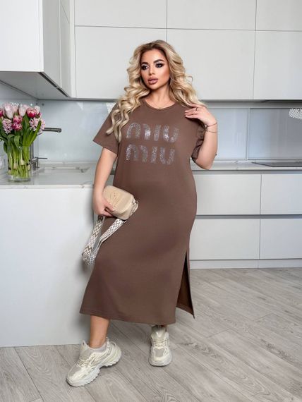 Женское платье-футболка длинное с коротким рукавом, больших и батальных размеров IS873, цвет мокко, размер 58/60 | Зображення 3
