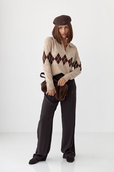 В'язаний светр-поло з ромбами - кавовий цвет, ONE SIZE (є розміри) | Зображення 2