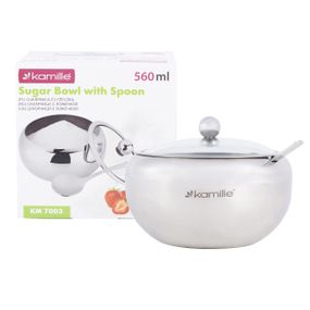 Сахарница 560ml из нержавеющей стали с ложечкой и стеклянной крышкой