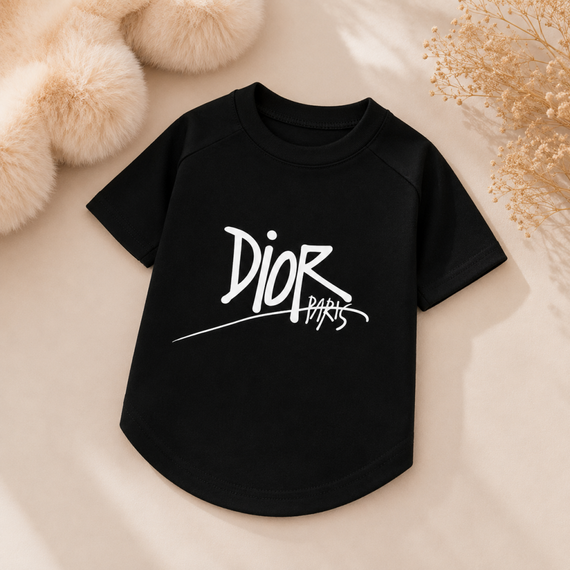 Брендовая футболка для собак Christian Dior с белой надписью, черная | Зображення 1