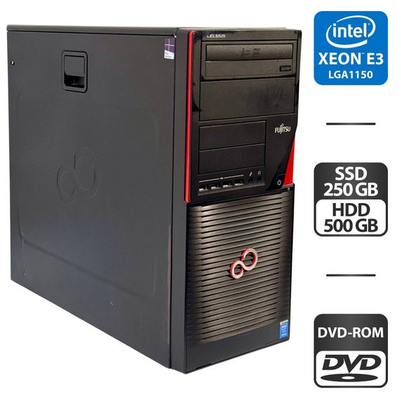 Робоча станція Fujitsu Celsius W530 Workstation Tower / Intel Xeon E3-1246 v3 (4 (8) ядра по 3,5 - 3,9 ГГц) / 16 ГБ DDR3 / 250 ГБ SSD + 500 ГБ HDD / Intel HD Graphics P4600 / DVD-ROM / 380 Вт б/в