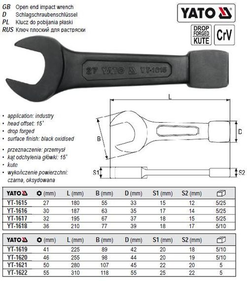 Ключ рожковий ударний М=55 мм l=310 мм CrV YATO Польща YT-1622
