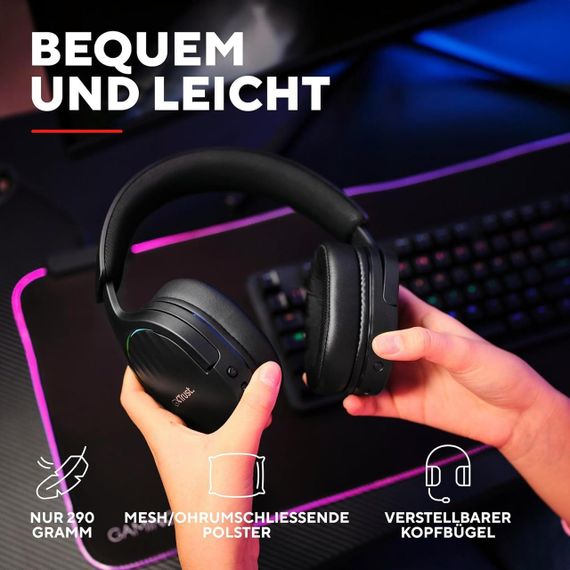 Беспроводная игровая гарнитура Trust, Bluetooth+2,4 ГГц, с RGB подсветкой, компьютерные накладные наушники | Зображення 4