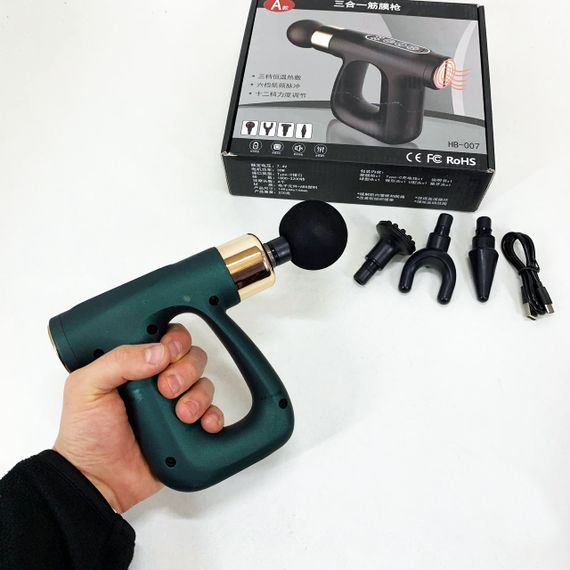 Ударний Перкусійний масажер для тіла та м'язів Масажний пістолет EM HB-007 акумуляторний зелений | Зображення 1