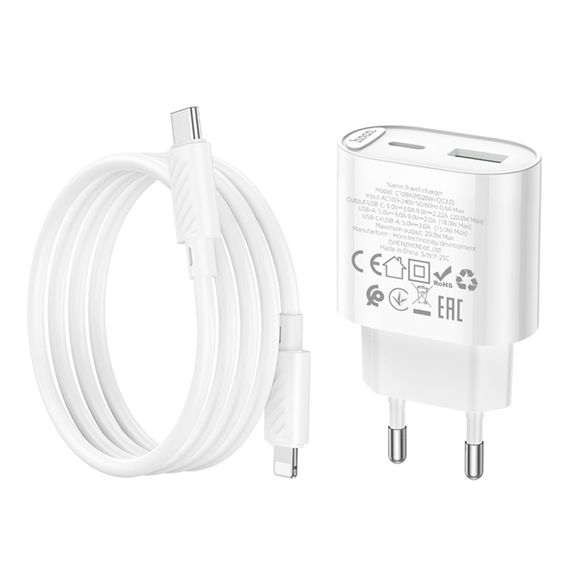 Мережевий зарядний пристрій Hoco C109A 1 USB-C/1USB PD/QC 20W+Type-C to Lightning | Зображення 6