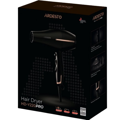 Фен 1850-2200W (2 швидкості/3 темпер.режими) чорний/золотий HD-Y220PRO Ardesto | Зображення 1