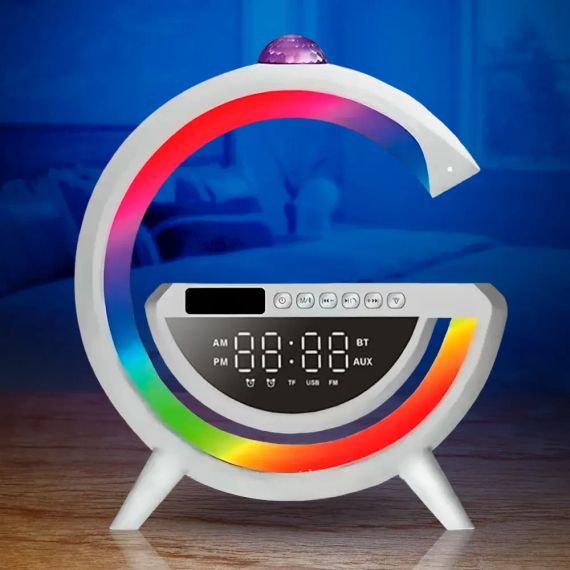 Настільна RGB лампа з колонкою, дискошаром та бездротовою зарядкою, BT 3402, Біла / Розумна лампа нічник / Смарт лампа | Зображення 2