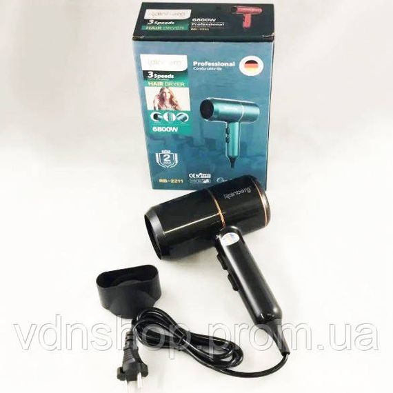 Фен стайлер Rainberg RB-2260 для волосся 3 швидкості 3 режими температури Іонізація 1500В Black NA-84