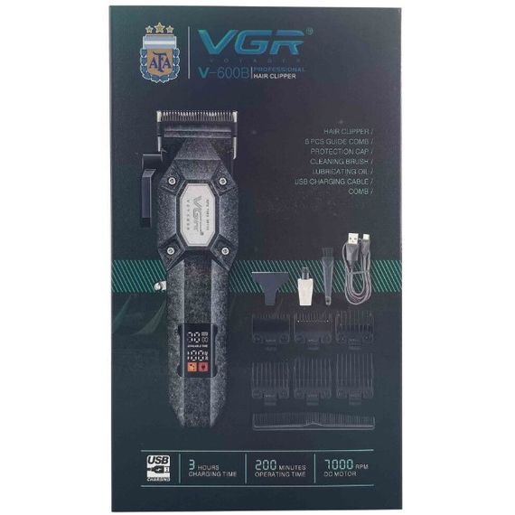 Аккумуляторная машинка для стрижки VGR V-600B с 6 насадками профессиональная 7000 RPM LED-дисплей Серая | Зображення 4