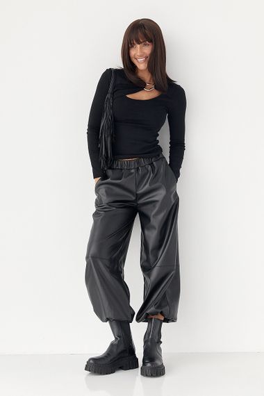 Трикотажний лонг з вирізом - чорний цвет, S (є розміри) | Зображення 2