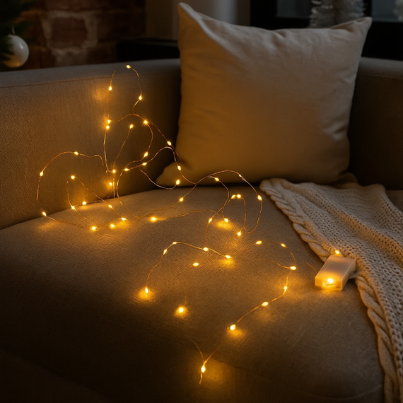Світлодіодна гірлянда «Роса» 5 м, 50 LED, на батарейках, білий дріт, жовте світіння | Зображення 5