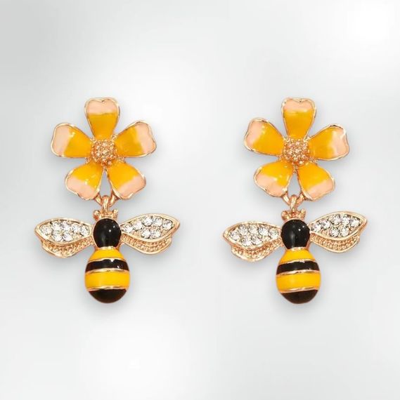 Серьги гвоздики с подвеской Liresmina Jewelry Пчела и Цветок с капельной глазурью 3 см золотистые