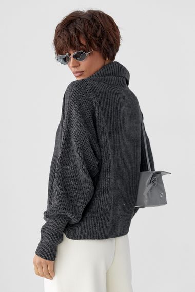 Укорочений кардиган на блискавці з довгим коміром - темно-сірий цвет, ONE SIZE (є розміри) | Зображення 1