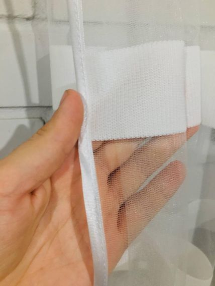Готова коротка пошита молочна фіранка, тюль в смужку на кухню, з мереживом, фатин | Зображення 3