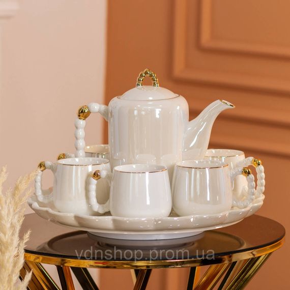 Чайний набір на 6 персон із заварювальним чайником та порцелянаовою підставкою Білий HP-15-7 | Зображення 8