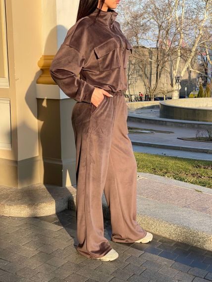 Женский велюровый спортивный костюм с штанами палаццо JA0282 цвет коричневый, размер 46/48 | Зображення 1