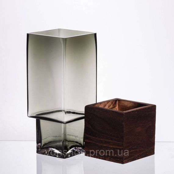 Скляна декоративна ваза квадратна, стильна ваза скло з деревом для квітів прозора HP-32-8 | Зображення 1