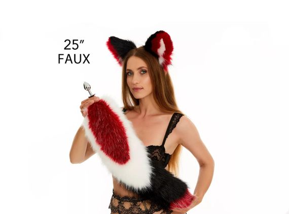 Анальний хутряний хвіст без пробки, Триколірний: Темно-червоний, білий, чорний з червоним кінчиком, OKOVA 60 см. sexstyle