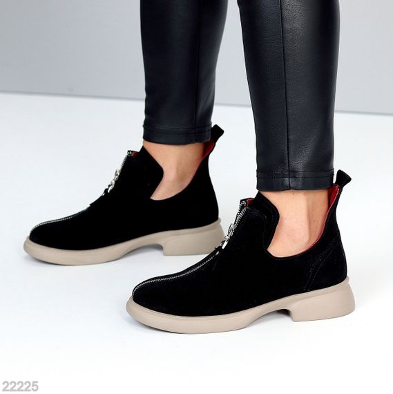 Дизайнерские черные замшевые туфли на молнии, натуральная замша на бежевой подошве | Зображення 4