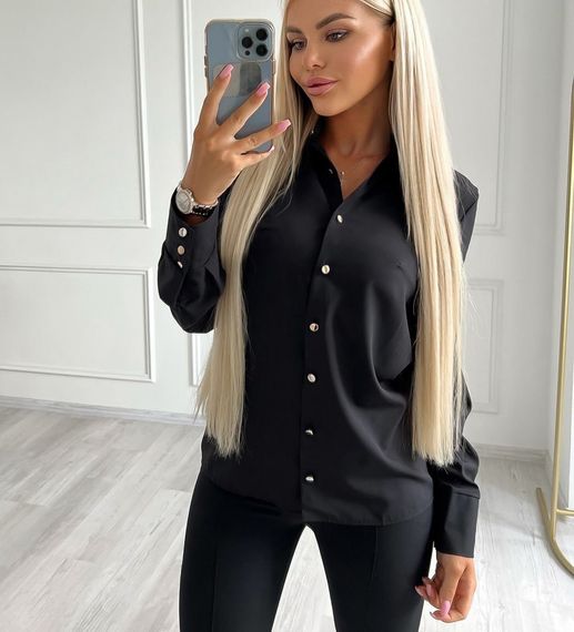 Женская блуза-рубашка на пуговицах с длинным рукавом на манжетах NA836 цвет черный, размер 42/44 | Зображення 1