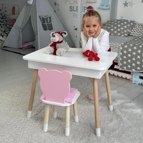 Дитячий столик білий і стільчик ведмедик рожевий. Столик із нішею для олівців і розмальовок
