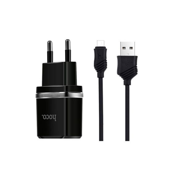 Набір СЗУ HOCO C12 Smart+кабель Micro, 2xUSB, 2.4A, кабель 1м, Black, Blister