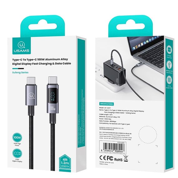 Дата кабель USAMS US-SJ671 Type-C to Type-C 100W Sufeng Series (1.2m) Tarnish | Зображення 3