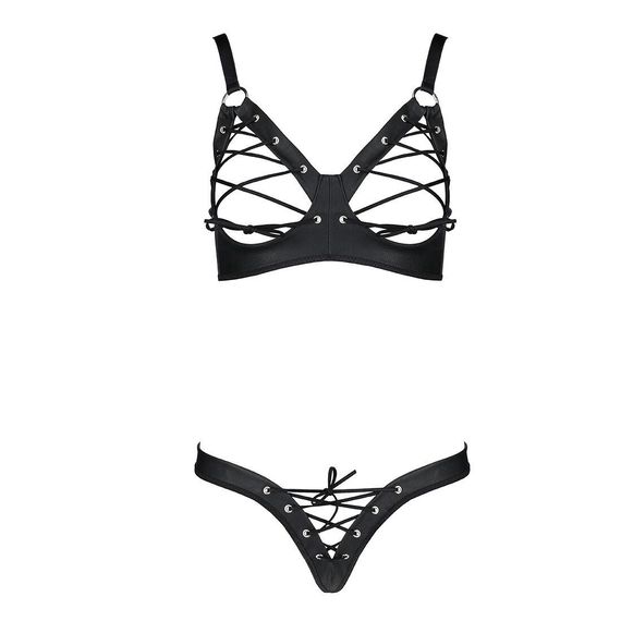 Комплект з екошкіри Celine Bikini black L/XL — Passion: відкритий бра зі стрічками, стрінги зі шнурі, L/XL | Зображення 2