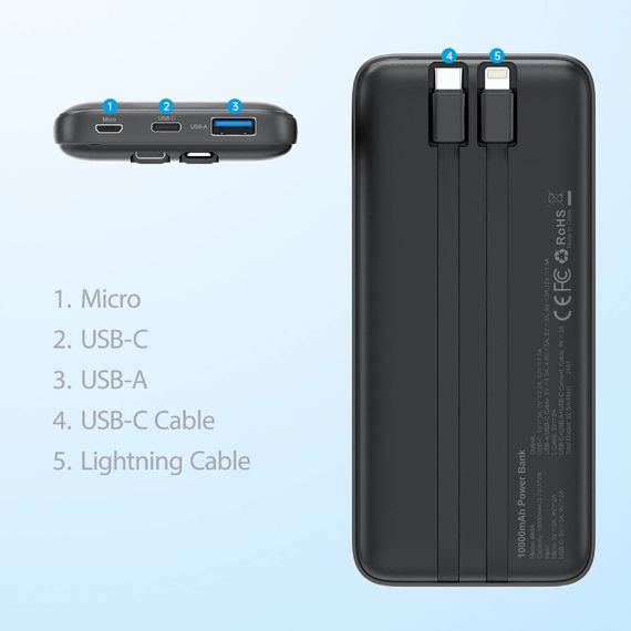 УМБ Choetech 10000mAh 22,5W Fast Charge MicroUsb,USB-A, USB-C,build-in USB-C/Lightning cable Black | Зображення 3