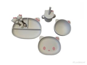Детский силиконовый набор посуды для кормления Hello Kitty (розовый бант) 6 предметов
