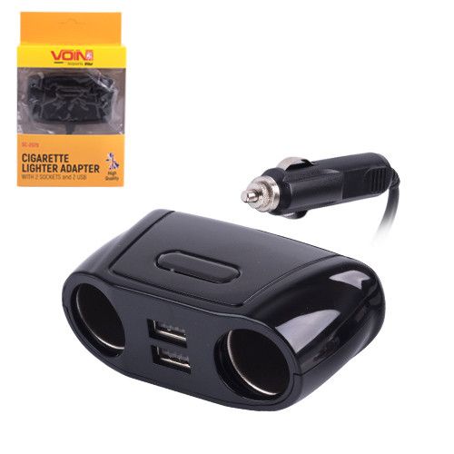 Разветвитель прикуривателя VOIN 2 выхода + 2USB 2100mA 12/24V,провод/предохр ,разветвитель для авто