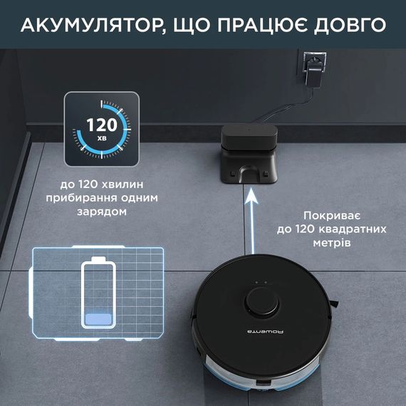 Робот-пилосос Rowenta X-Plorer Serie 75 S, h=9.5см, вологе прибирання, конт пил -0.4л, вода -0.3л, автон. робота до 120хв, НЕРА, управління через смартфон, чорний (RR8575WH) | Зображення 5
